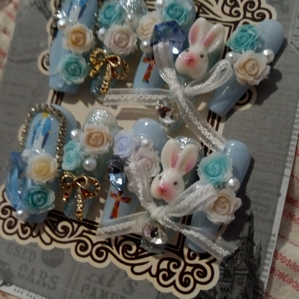 2.5 Coffin M .Beautiful Easter Nails . Rose Art Set. I Have 1 Blue , 1 Pink Sets